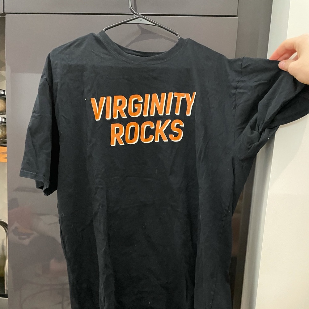 Black and Orange “Virginity Rocks” shirt